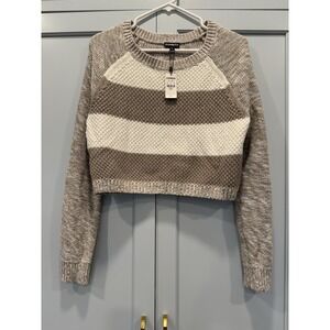NWT Express‎ Crop Knit Sweater Beige Stripe Minimalist Heritage Classy Preppy